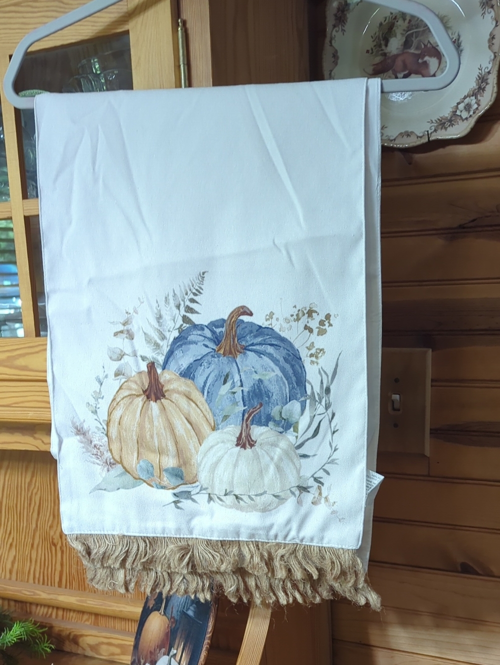 Farmhouse White Kitchen Table runner with Blue and Cream Pumpkin Print